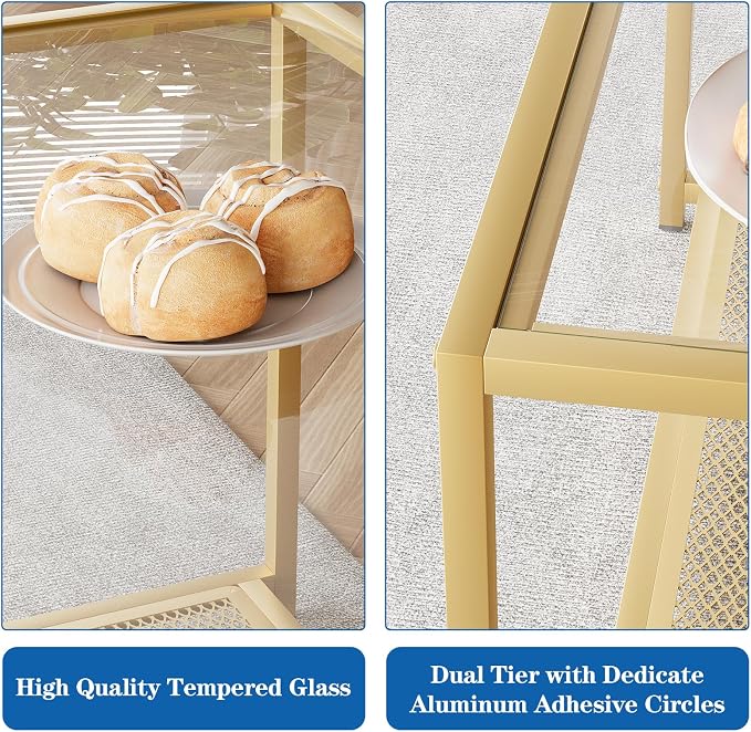 Gold Glass Coffee Table, Square Coffee Tables with Storage Shelf, Simple Tea Cocktail Modern Center Tables for Small Space, Living Room, Easy Assembly, 26 * 26in（Gold）