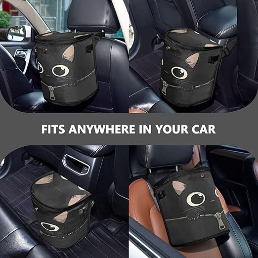 MNSRUU Car Trash Can with Lid, Black Cat Zipper Car Trash Bag Hanging Organizers and Storage for Front Back Seat, Leak-Proof Trash Bin