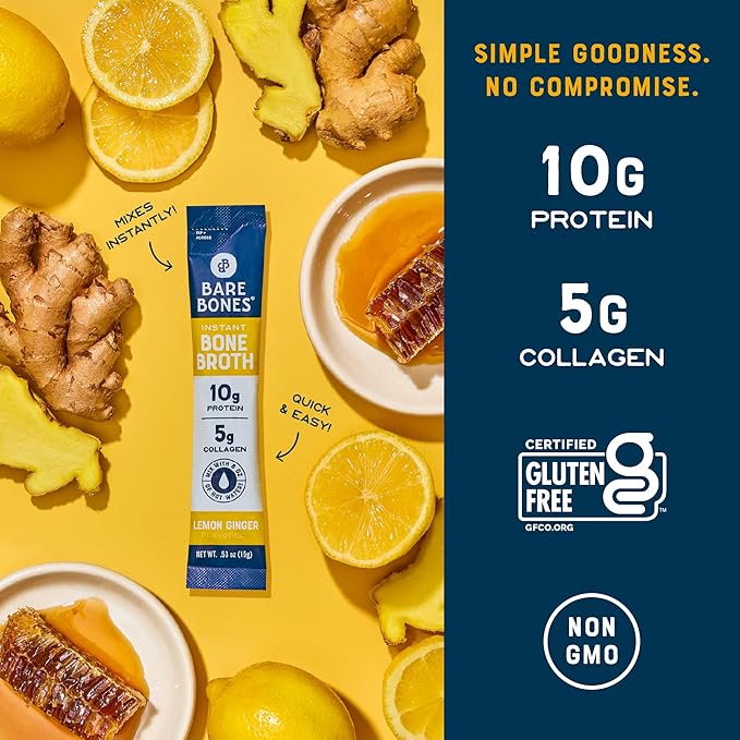 Bare Bones Lemon Ginger Bone Broth Instant Powdered Mix Packets | 5g Collagen | 10g Protein | Keto & Paleo Friendly | No Artificial Flavors | Rich Savory on-the-go 16 Pack