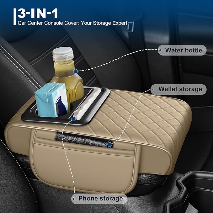 Car Center Console Cover Fit for Volkswagen Atlas Faux Leather Auto Armrest Box Cover with Cup Holder & Phone Holder Waterproof Leather Armrest Protector Cushion(Beige)