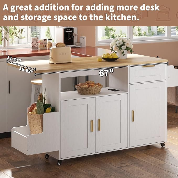 Rolling Mobile Kitchen Island with Storage and Drop Leaf on Wheels, 67" Desk Island for Kitchen with Power Socket and Drawer, Mobile Portable Carts with Spice Rack and Towel Rack (White, Model 3)