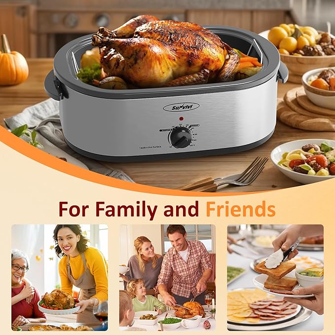 Sunvivi Electric Roaster,20 Quart Roasting Oven with Self-Basting Lid Removable Pan,Turkey Roaster Oven with 150 to 450F Temperature Control Cool-Touch Handles,Silver