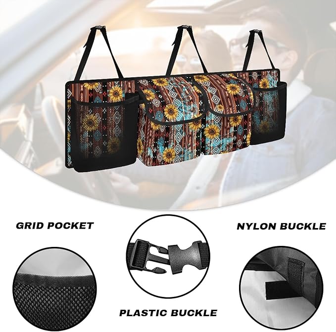 CLOHOMIN Aztec Trunk Organizer for Car Sunflower Car Backseat Hanging Organizer for SUV Van Car Cargo Storage Collapsible with 4 Pockets Adjustable Straps