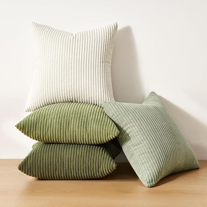 Topfinel Green White Spring Pillow Covers 18x18 Inch Set of 4 Boho Nordic Cushion Covers Soft Corduroy Home Decor for Couch Bed Sofa Living Room