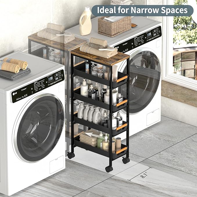 5 Tier Slim Rolling Utility Cart with Drawers Pull-Out Design Slim Storage Cart with Metal Frame and Wooden Top for Narrow Space in Home Kitchen Bathroom Black (Width 8.1 Inches)