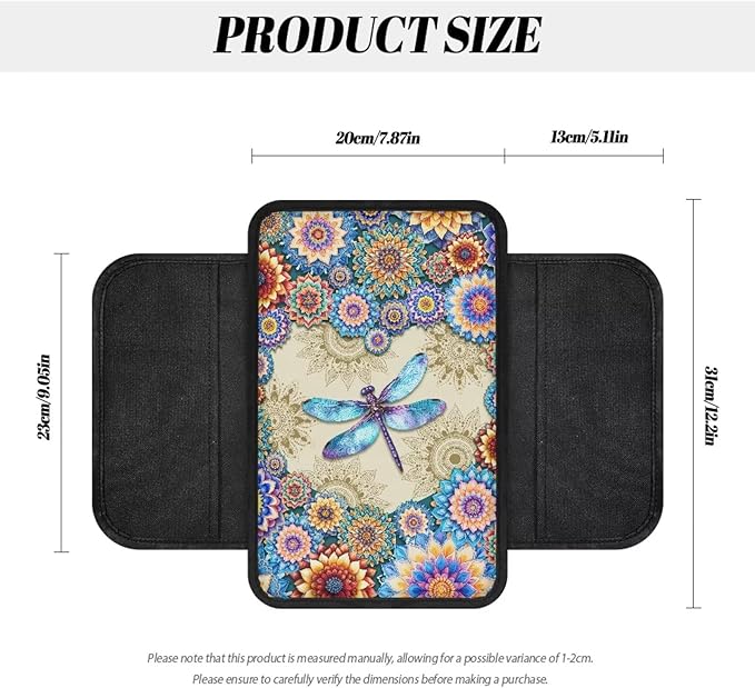 Dreaweet Boho Dragonfly Car Armrest Cover for Women Car Center Console Cushion Pad Easy to Install Car Arm Rest Cover with Pockets Universal Console Covers for Car SUV Trucks Van