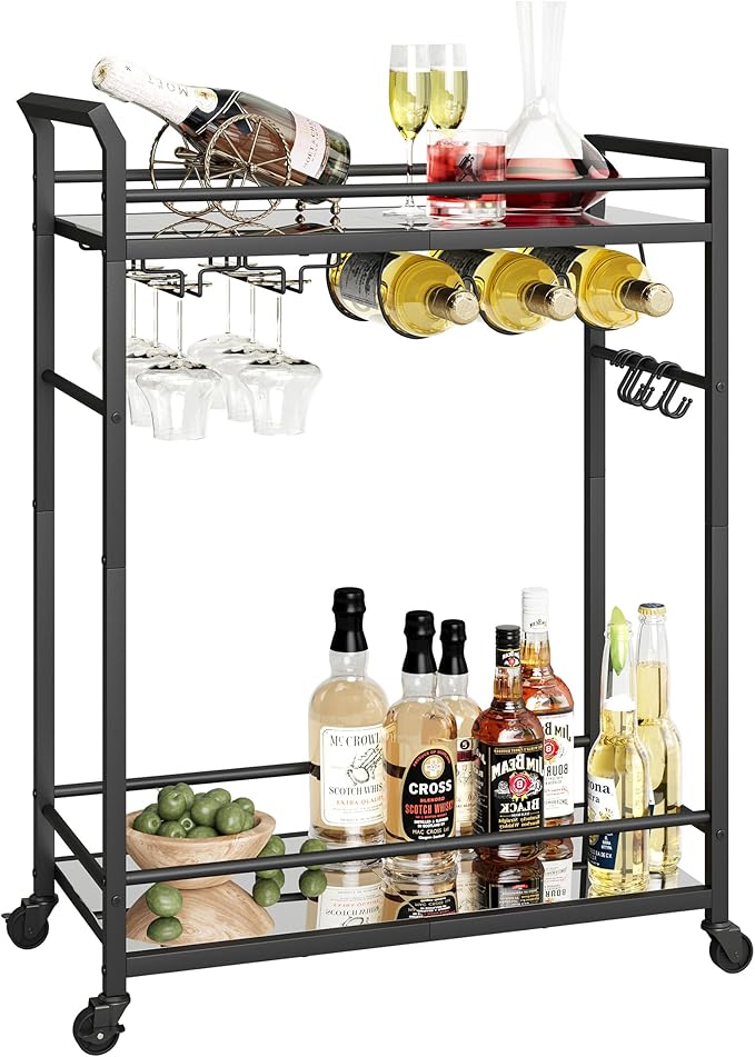 3 Tier Bar Cart, Small Beverage Cart, Mini Bar Cart with Wine Rack, Home Bar Serving Cart with Wheels for Kitchen Dining Living Room (Black, Mirrored)