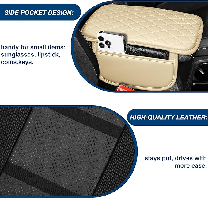 Car Center Console Cover Fit for Volkswagen Taos Leather Armrest Cover with 2 Storage Bags Waterproof Console Cover Scratch & Wear Resistant(Beige)