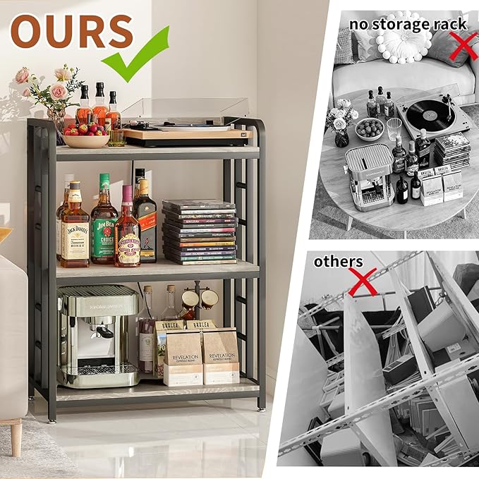 Bakers Rack with Power Outlet,Adjustable Microwave Stand with Storage,3-Tier Kitchen Shelves,Microwave cart Suitable for Kitchen,Dinning Room,Coffee Bar,Living,Greige