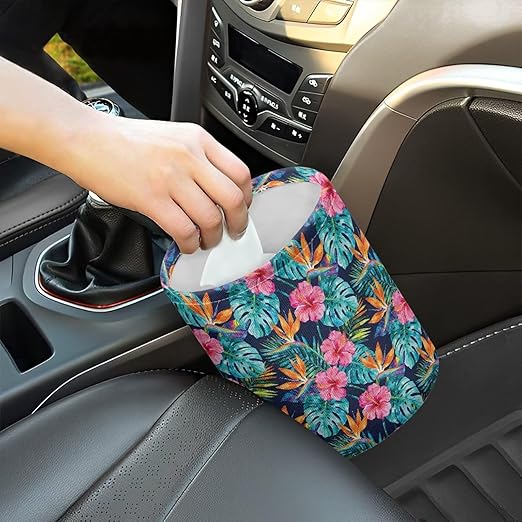 Tropical Floral Portable Dustbin Bin Waste Basket Palm Leaves Car Accessories Interior Collapsible Universal for Car SUV Trucks