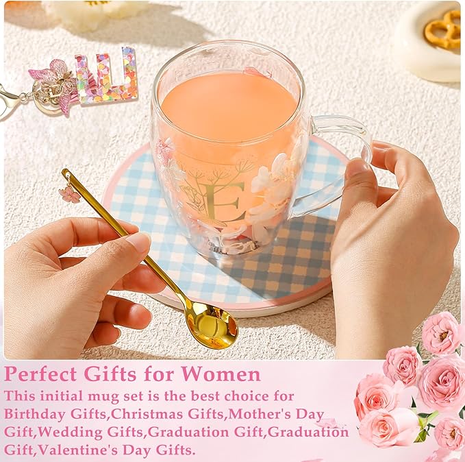Personalized Gift for Women Double Wall Glass Flower Coffee Mug Tea cup Monogrammed Customized Birthday Valentine Mother's Day Christmas Gifts for Women Mom Wife Friends Sister Stocking Stuffers (E)