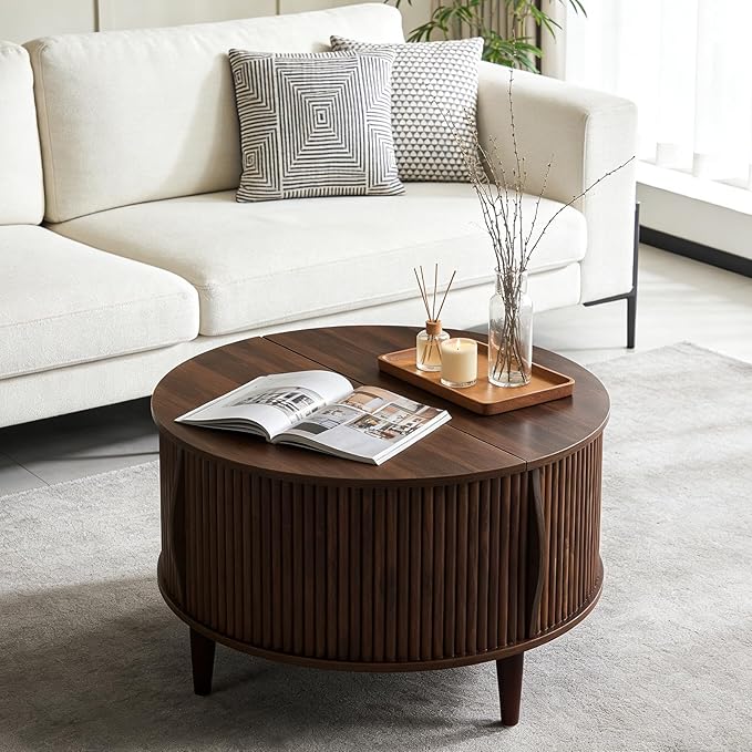 DUMOS Coffee Table, Round Coffee Tables with Storage, Fluted Center Table for Living Room, 31.69" Mid Century Modern Table with Sliding Cabinet Door, 2-Tier Rustic Wood Desktop, Brown