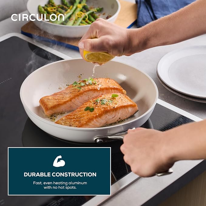 Circulon Halo with LaserDefense Ceramic Nonstick Cookware Set, 11-Piece Pots and Pans Set, Pearl White