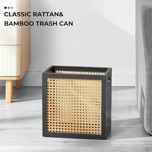 TIOPGHAD Small-Wicker-Waste-Basket-Trash-Can 3 Gallon/11.6 L Bamboo Mini Rattan Wastebasket Garbage Can Trashcan Wood Trash bin for Bathroom Office Living Room(Black&Oak)