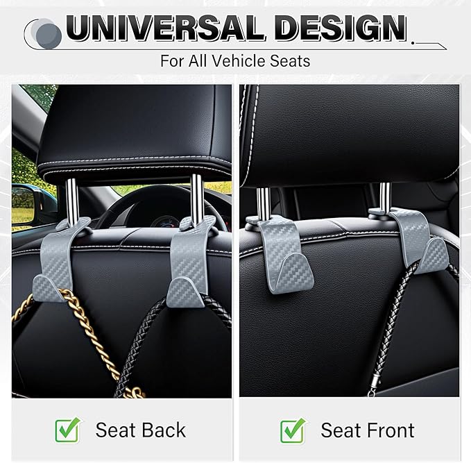 SINGARO Universal 4 Pack Car Seat Headrest Purse Hook, Carbon Fiber Back Seat Hook Storage Organizer Hanger for Purse Handbag Coat, Car Interior Accessories(Gray)