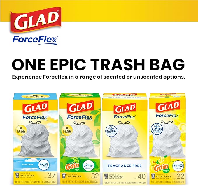 Glad ForceFlex Tall Kitchen Drawstring Trash Bags, 13 Gal, Fragrance Free (Package May Vary) (Pack of 240)
