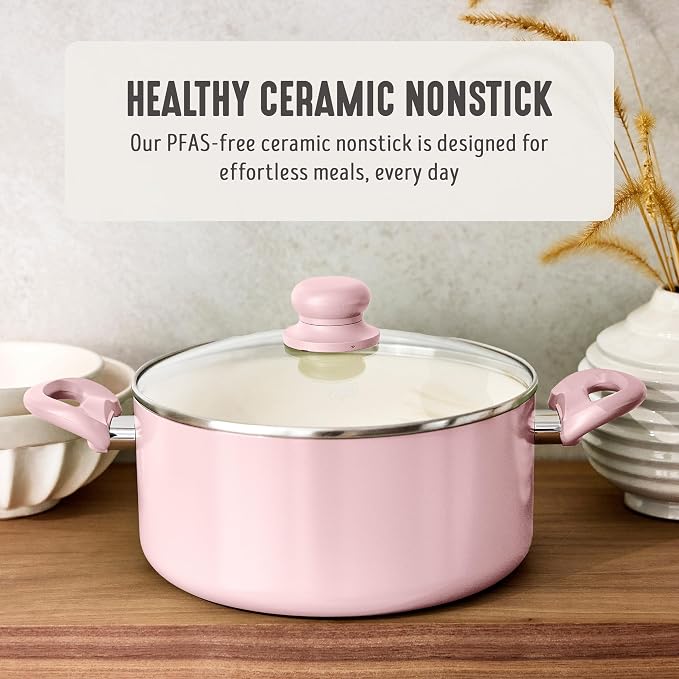 GreenLife 5 Quart Nonstick Stock Pot with Lid, Non-Toxic Ceramic Pot, Dishwasher Safe, Induction Ready, Fast Heating, Stay-Cool Handles, Kitchen Casserole, Soup, Pasta, Easy Clean, Blush Pink