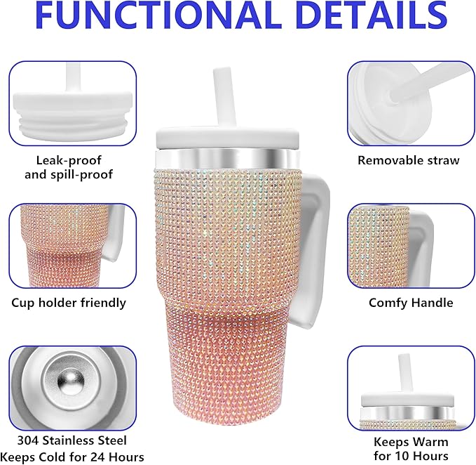 20-OZ Insulated Water Bottle,Insulated Stainless Steel Tumbler,Reusable Cold Drink Thermos,BPA-Free, Double-Wall Stainless Steel Water Bottle (Pink White Gradient-Diamond, 20, Fluid Ounces)