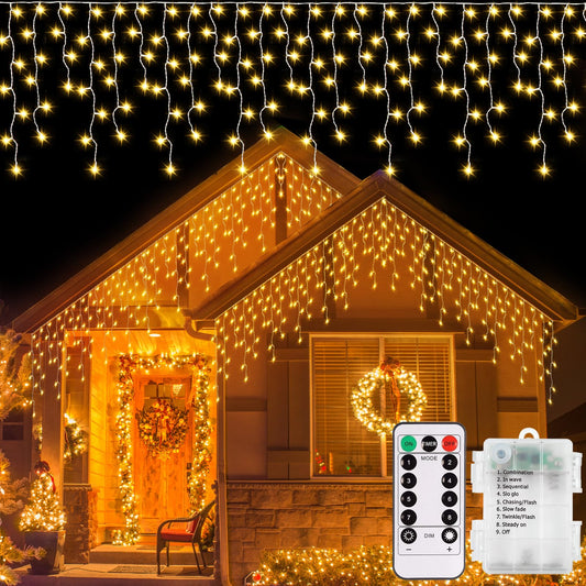 echosari Icicle Lights 10Ft 102 LED Warm White Battery Operated Dimmable with Timer Remote - Clear Wire