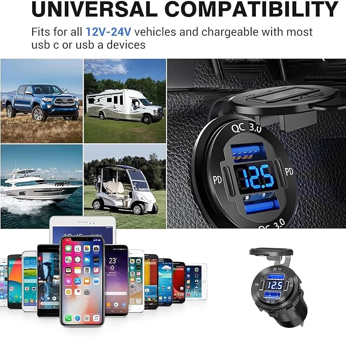 Upgraded 12V USB Charger with 4 Ports - Aluminum Alloy Car Outlet with LED Voltmeter for Cars, Golf Carts, Boats, RVs, Trucks, and Motorcycles (Pack of 1)