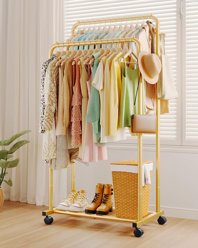 Sakugi Clothes Rack - Double Rods Clothing Rack with Mesh Shelf, Hooks & Wheels, Metal Clothing Racks for Hanging Clothes & Bags, Multifunctional Garment Rack for Laundry, Gold, 28.7" x 16.5" x 59.1"