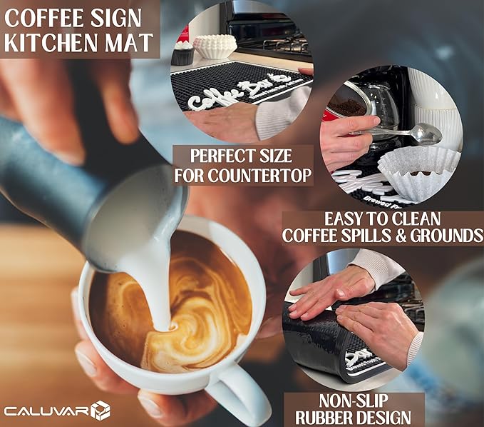 Coffee Station Mat Brewed Fresh Daily Self Serve Coffee Bar Mat for Countertop, Large 18 x 12 in for Modern Kitchen Decor and Accessories, Bar Mats for Bartending
