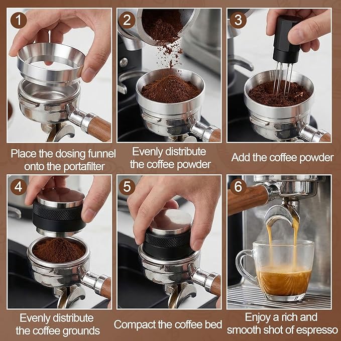 Zhehao 3 Pcs 53mm Espresso Accessories Kit, 2 in 1 Espresso Tamper and Distributor Leveler, Magnetic WDT Tool, and Dosing Funnel Set for Home Office Coffee Machines and Portafilters