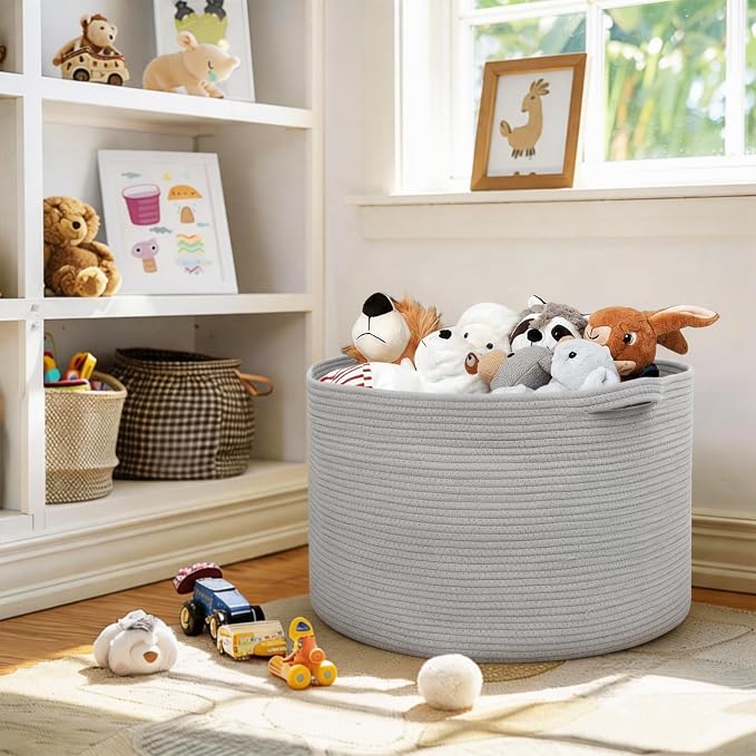 MEGASKET 115L Super Large Gray Blanket Basket, 23.6"x15.7" Woven Cotton Rope Storage Basket for Laundry, Towel, Pillow, Oversized Kids Dog Toy Storage Bin, Grey XXXL Blanket Holder for Living Room