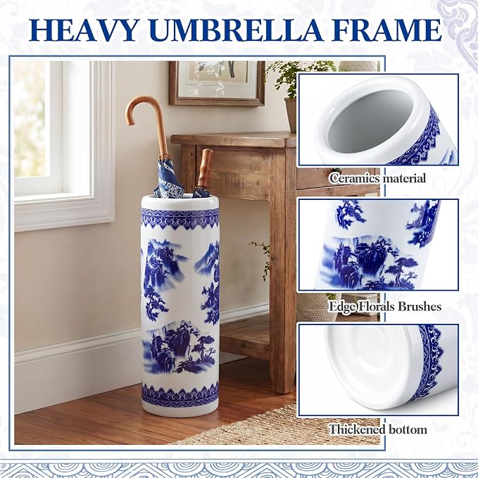 Sawysine Blue and White Ceramic Umbrella Stand, Floral Design Floor Vase for Entryway Indoor Decorative, 19.7" Heavy Porcelain Holder for Umbrellas Canes Home Decor(19.7 Inch,Landscape)