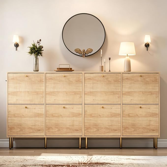 Nicetree Shoe Storage Cabinet for Entryway, Modern Natural Shoe Cabinet with Tiered Fluted Design, 9.5" Slim Shoe Rack for Small Spaces, 4 Flip Drawers Narrow Shoe Cabinet for Small Space