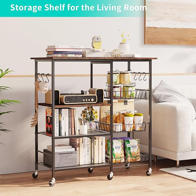 HapiRm Rolling Kitchen Microwave Cart - 4 Tier Microwave Table Stand with Pull-Out Baskets, Coffee Bar Baker's Rack with Wheels Rolling Storage Cart Organizer Shelf for Living Room Office, Balcony