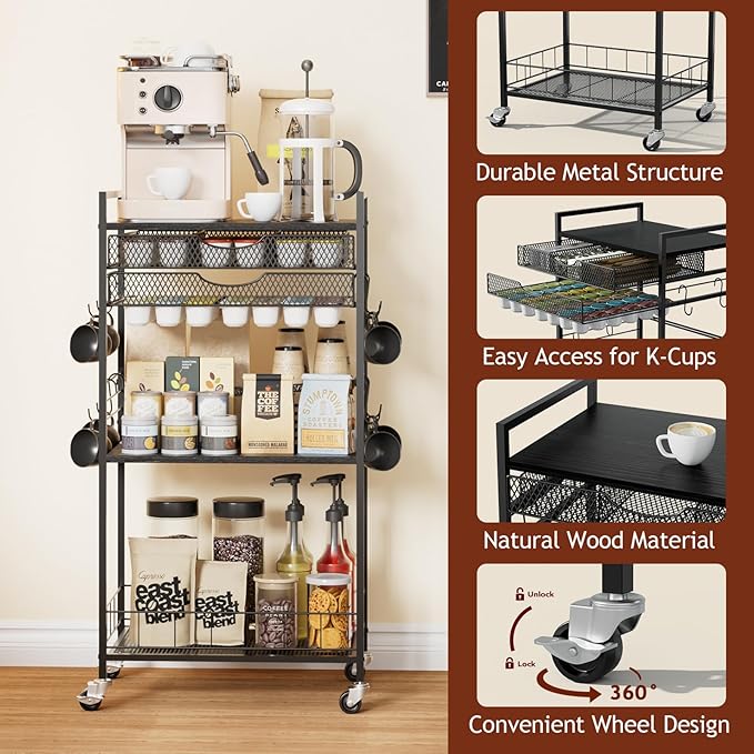 Coffee Bar Station with Storage Drawer - 5 Tier Coffee Table Countertop Organizer for K Cups, Tea Bags, Sugar Storage and Kitchen Cabinets (Black)
