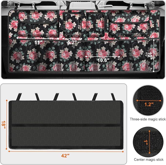Car Trunk Organizer, Super Capacity Backseat Car Organizer for SUV/Truck/MPV(42"*18"), Hanging Car Storage Organizer with 8 Pocekts, Car Accessories for Women and Men- Floral