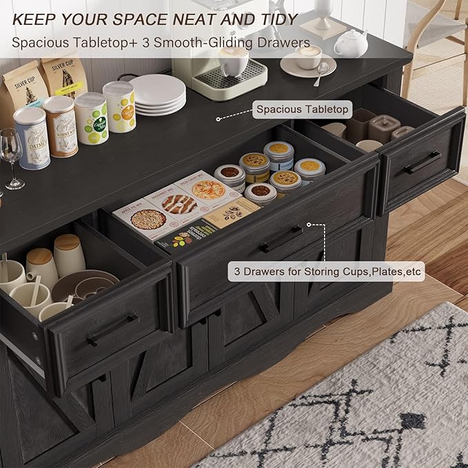 56" Buffet Cabinet with Storage, Farmhouse Sideboard Buffet with 3 Drawers and 4 Doors, Wood Coffee Bar Cabinet with Adjustable Shelves, Sideboard Storage for Kitchen, Living Room, Entryway, Black