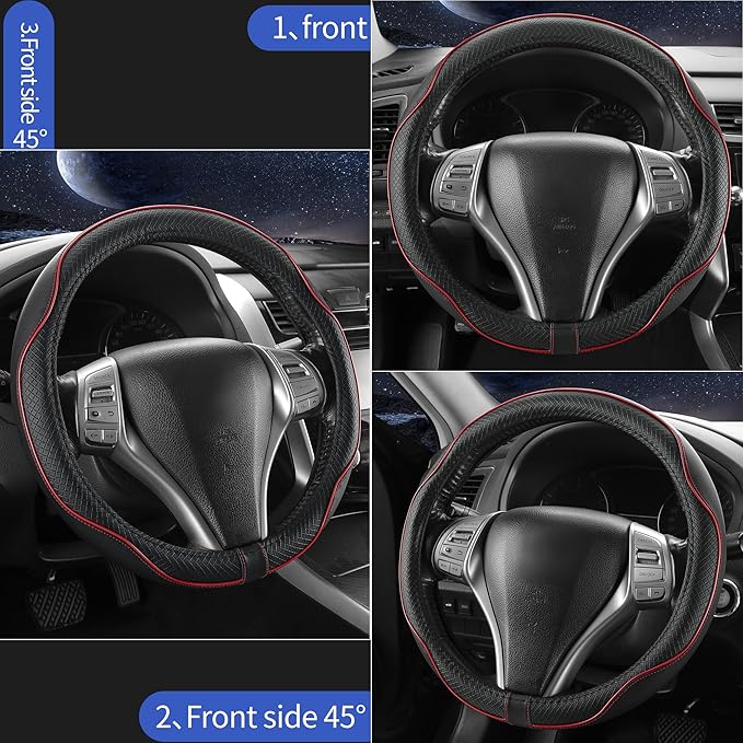 Leather Car Steering Wheel Cover,Anti-Slip, Safety, Soft, Breathable, Heavy Duty, Thick, Full Surround, Sports Style,Universal Car Accessories for Women Men Fit 14"1/2-15"(Black with Red line)