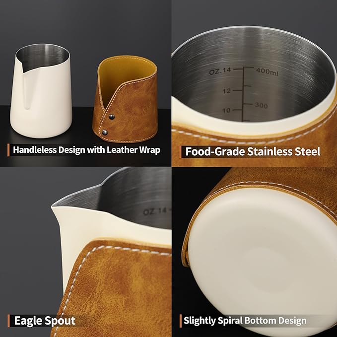 Handleless Milk Frothing Pitcher 450ml/15oz,304 Stainless steel Espresso Steaming Pitcher,milk frother cup,Milk Jug Cup,Latte Art(cream white)