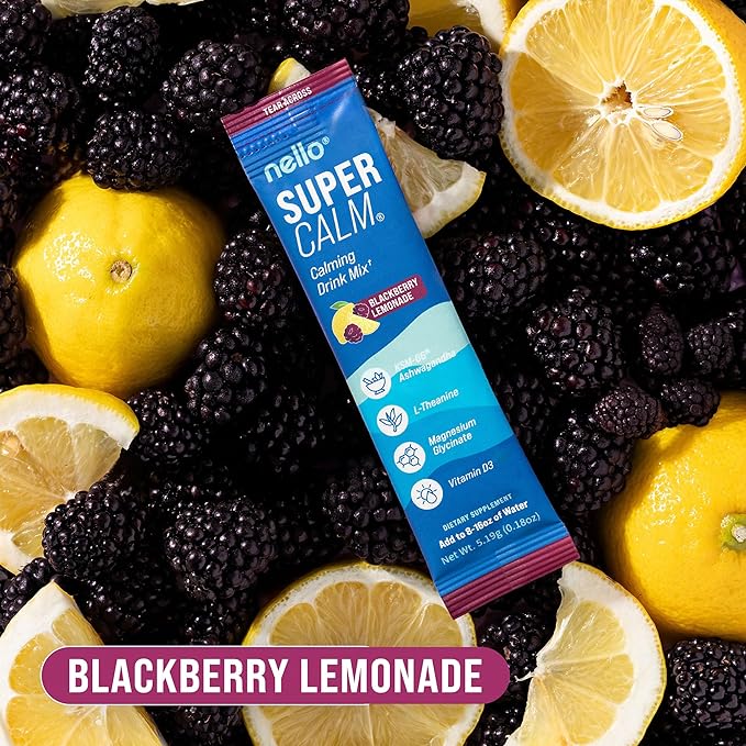 Nello Supercalm Powdered Drink Mix, Cortisol Reducer*, Sleep Aid Supplement, L Theanine, Ksm-66 Ashwagandha, Magnesium Glycinate, Vitamin D 3, No Sugar, Non GMO, 20 Ct, BlackBerry Lemonade