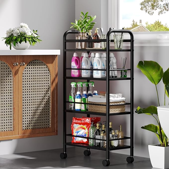 Slim Storage Cart, 4-Tier Small Rolling Cart with Wheels, 9.1" Deep, Narrow Bathroom Shelf Trolley for Kitchen, Bathroom, Laundry Room, Black Large 4-Tier (9.1" W x 33.6" H)