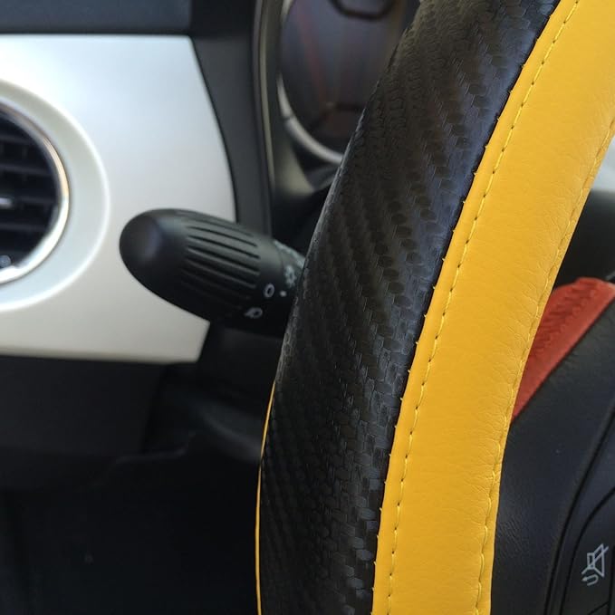 Jdragon Yellow & Carbon Fiber Style PVC Leather Slip-On Steering Wheel Cover 14.25-15" Diameter