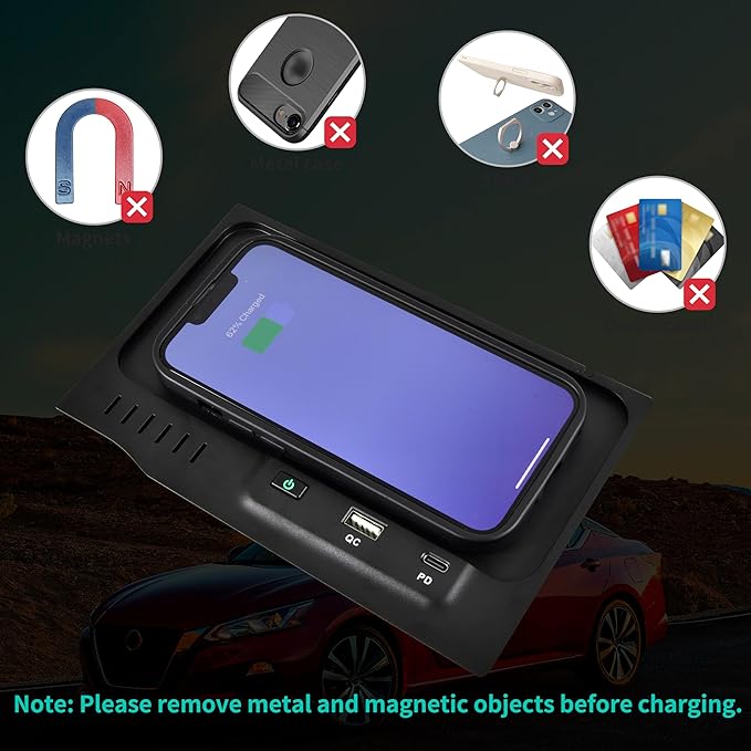 Wireless Charger for 2019-2024 Nissan Altima L34 Style Accessories, USB-A USB-C Phone Wireless Fast Charging Panel for S/SR/SV/SR VC-Turbo/SL/Platinum/latinum VC-Turbo/Edition One