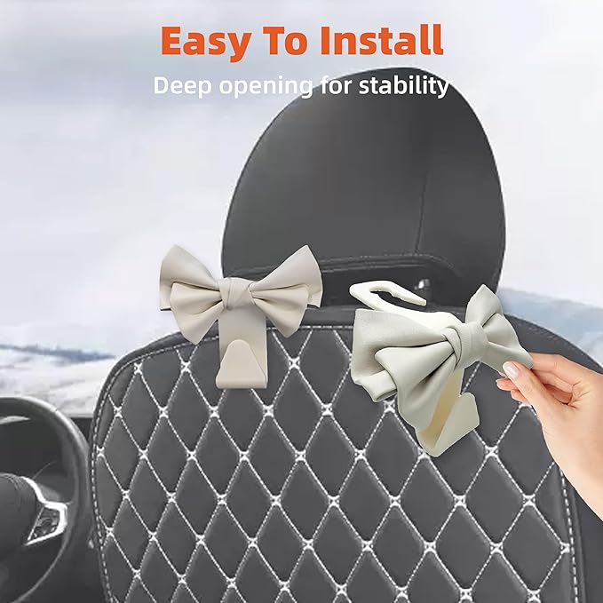 2PCS Car Seat Headrest Hooks, Cute Bow Shaped Car Purse Hook, Backseat Storage Hooks for Purses, Coats, Car Accessories (white)