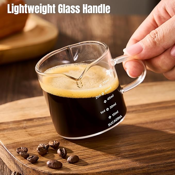 Espresso Cups Set of 2 with Handle, 2.5 OZ Double Spout Espresso Shot Cups Glass Measuring Cup with Dual Scale, Espresso Shot Glass with V-Shaped Mouth, Espresso Accessories