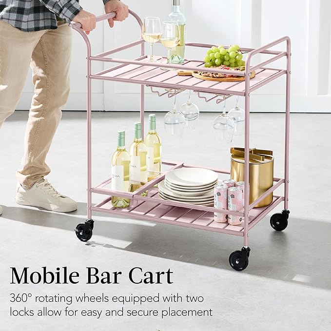 Best Choice Products Rolling Bar Cart, Mobile Home Bar Serving Cart, Serving Station w/ 2 Tier Shelves, Wine Rack, Lockable Wheels - Pink