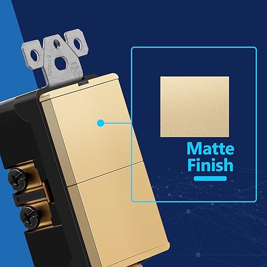 LIDER Matte Finish Lighted Double Switch with Screwless Wall Plate, Combination Frameless Decorator Switch with Locator Light, Ground Terminal Single Pole, 15A 120V, UL Listed, Gold, 2 Pack