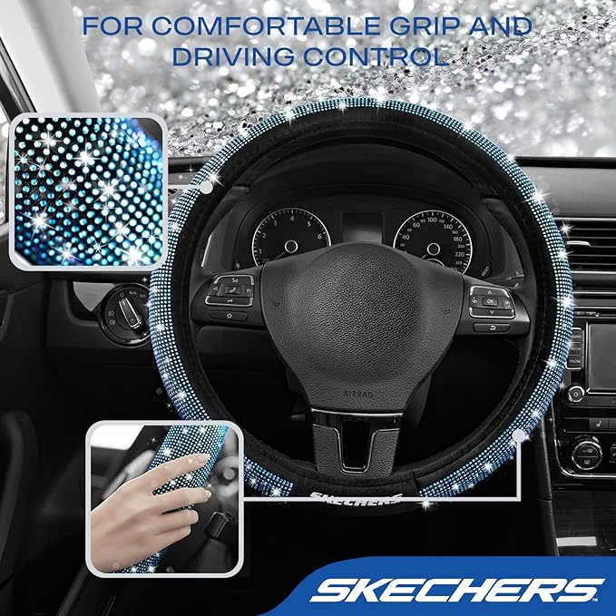 Skechers Women’s Bling Steering Wheel Cover, Velvet with Sparkly Crystal Rhinestones, Stylish Car Interior Gift, Universal Fit 14" 1/2-15" for Cars, SUVs, Trucks, Blue Diamond