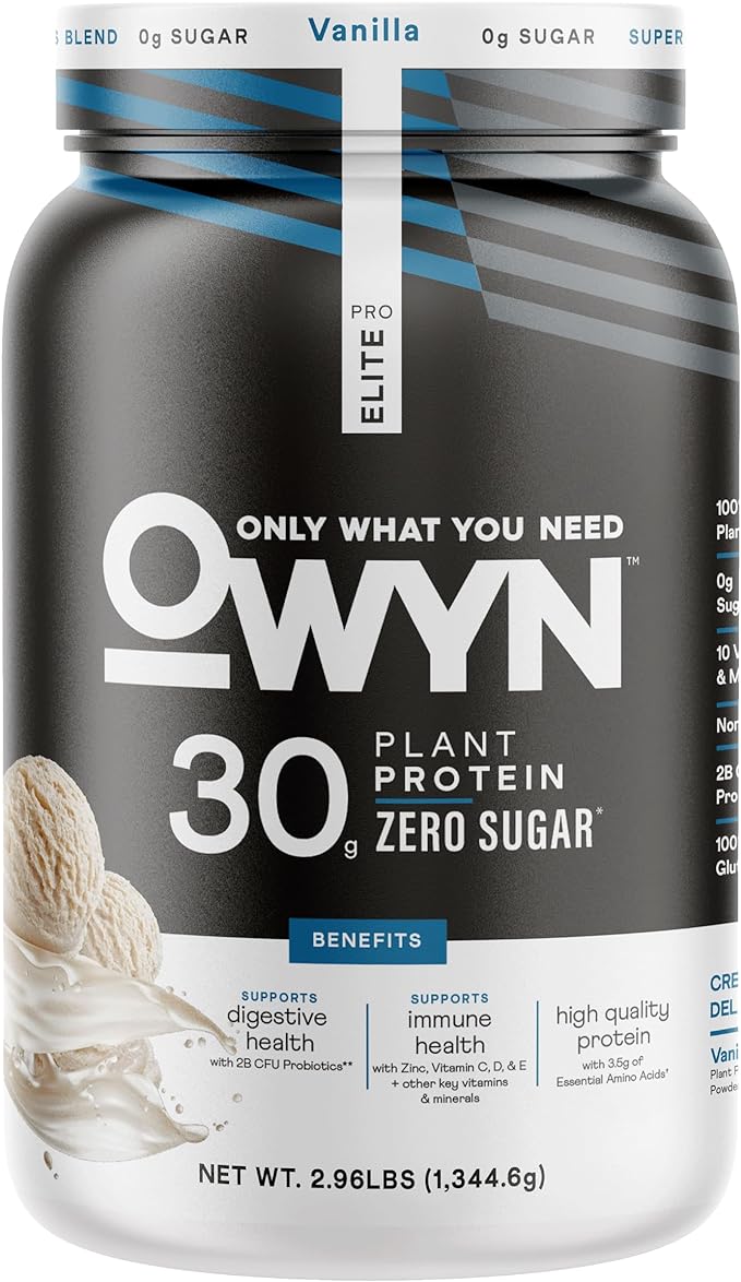 OWYN Only What You Need Pro Elite Vanilla Flavored Protein Powder, 32g Protein, 0g Sugar, 4g Fiber, High Protein, Dairy Free, Gluten Free, Plant Based Protein Powder, 2.9LB