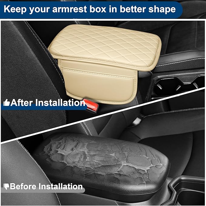 Car Center Console Cover Fit for Volkswagen Taos Leather Armrest Cover with 2 Storage Bags Waterproof Console Cover Scratch & Wear Resistant(Beige)