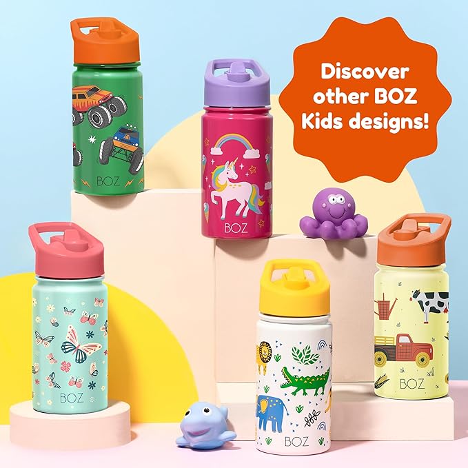 BOZ Kids Insulated Water Bottle with Straw Lid, Stainless Steel Vacuum Double Wall Water Cup, 14 oz (414ml). Scratch-resistant Cute Print and Carry Handle, BPA-free and Dishwasher-safe (Construction)