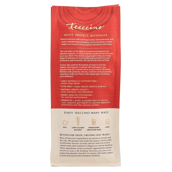Teeccino Turkey Tail Astragalus Coffee Alternative - Toasted Maple - Adaptogenic Herbal Mushroom Coffee, Medium Roast, Caffeine Free, Prebiotic, Acid Free, All-Purpose Grind - 10 Oz, Pack of 3