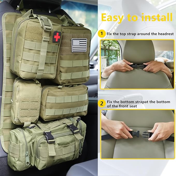 Tactical Car Seat Back Organizer Hanger Bag with 5 Detachable Molle Pouch Vehicle Molle Panel Organizer Storage Bag Universal for for most car models (Military Green)